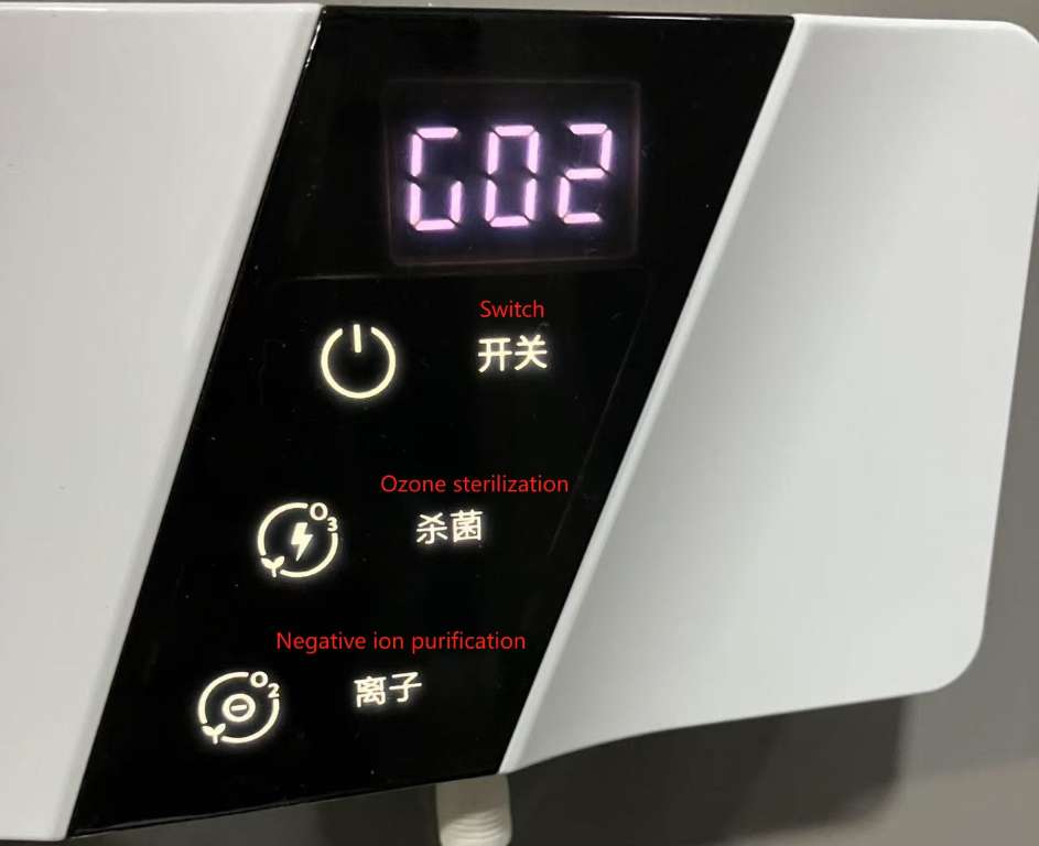 Switch / Ozone sterilization (please leave the bathroom when using this function) / Negative ion purification